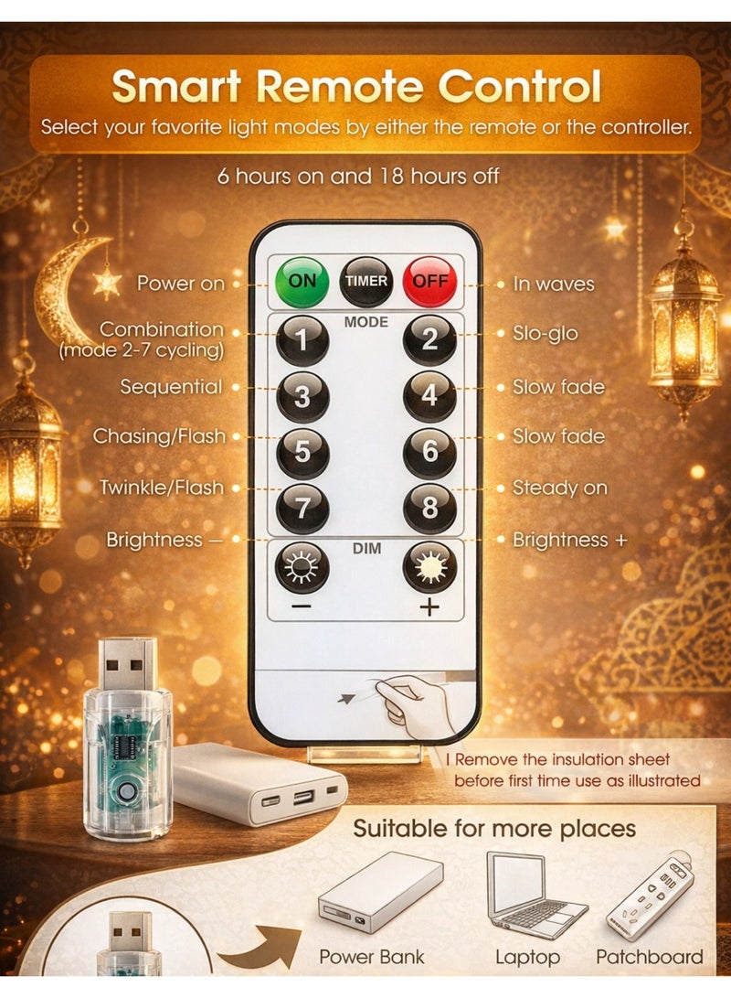 F.A.M.S USB Curtain String Lights with Remote Control – Warm White LED Fairy Lights with Timer, 8 Lighting Modes & Adjustable Brightness for Ramadan, Home Décor & Events - Image 3